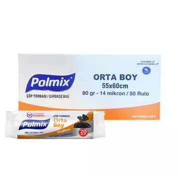 Polmix P102 Çöp Torbası Orta Boy 55x60 Siyah - 20’li x 50 Rulo Koli