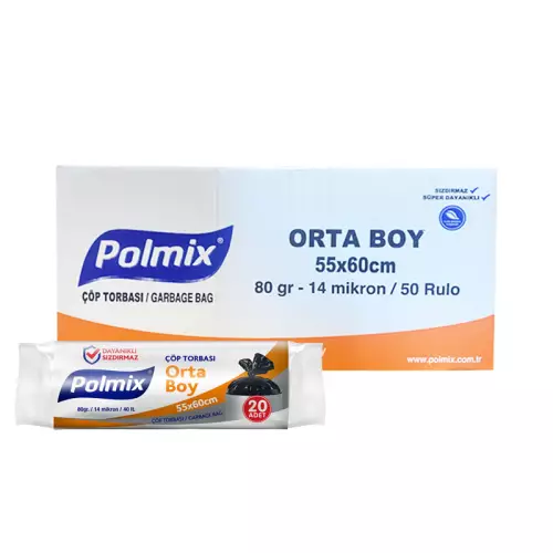 Polmix P102 Çöp Torbası Orta Boy 55x60 Siyah - 20’li x 50 Rulo Koli