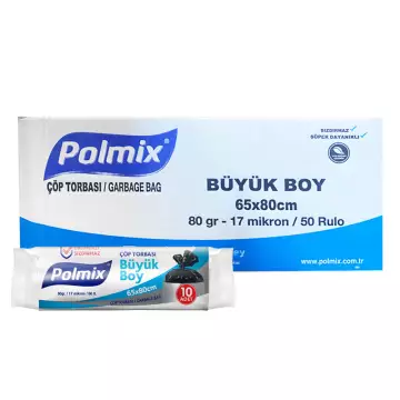 Polmix P103 Çöp Torbası Büyük Boy 65x80 Siyah - 10’lu x 50 Rulo Koli