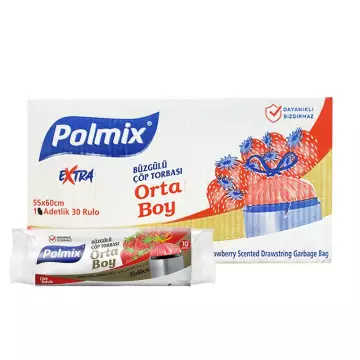Polmix P140 Çöp Torbası Büzgülü Orta Boy Çilek Kokulu 55x60 Kırmızı 10'lu - 30 Rulo Koli