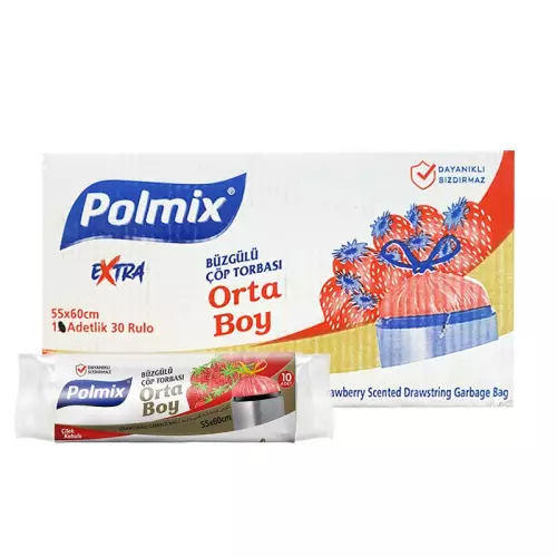 Polmix P140 Çöp Torbası Büzgülü Orta Boy Çilek Kokulu 55x60 Kırmızı 10'lu - 30 Rulo Koli