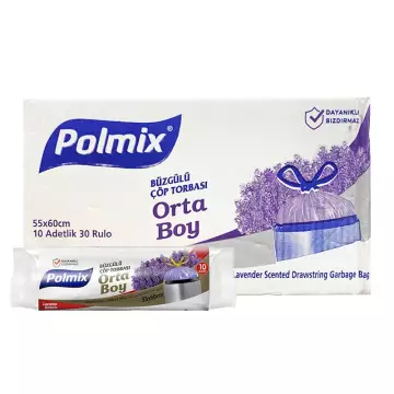 Polmix P141 Çöp Torbası Büzgülü Orta Boy Lavanta Kokulu 55x60 Mor 10'lu- 30 Rulo Koli