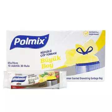 Polmix P142 Çöp Torbası Büzgülü Büyük Boy Limon Kokulu 65x70 Sarı 10'lu - 30 Rulo Koli