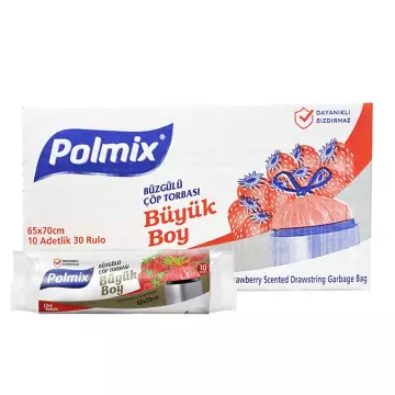 Polmix P143 Çöp Torbası Büzgülü Büyük Boy Çilek Kokulu 65x70 Kırmızı 10'lu - 30 Rulo Koli