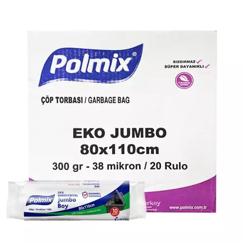 Polmix P303 Çöp Torbası Eko Endüstriyel Jumbo Boy 80x110 Siyah  - 10’lu x 20 Rulo Koli