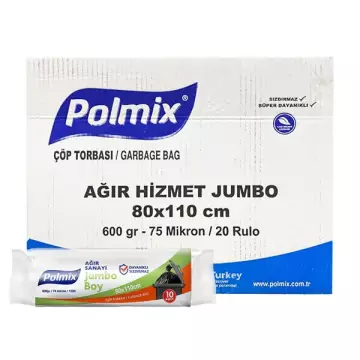 Polmix P501 Çöp Torbası Ağır Hizmet Jumbo Boy 80x110 Siyah (500 gr) 10'lu x 10 Rulo Koli
