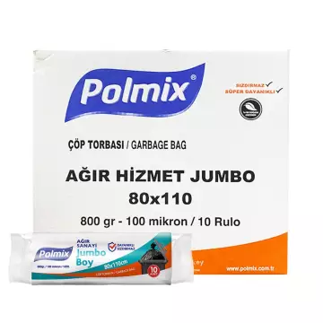 Polmix P503 Çöp Torbası Ağır Hizmet Jumbo Boy 80x110 Siyah (800 gr) 10'lu x 10 Rulo Koli