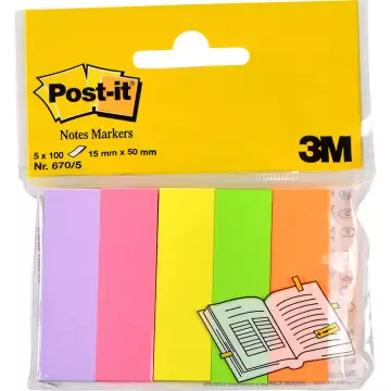 3M Post-it 670 Yapışkanlı Not Kağıdı 15x50 mm Sayfa İşareti 5 Renk 100 Yaprak