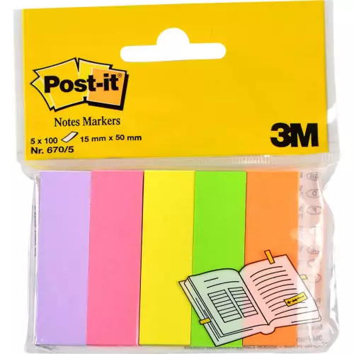 3M Post-it 670 Yapışkanlı Not Kağıdı 15x50 mm Sayfa İşareti 5 Renk 100 Yaprak