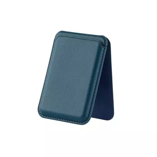 MagSafe Uyumlu Kart Taşıma ve Telefon Standı - Katlanabilir Manyetik Deri Cüzdan - Deniz Mavisi (Sea Blue)