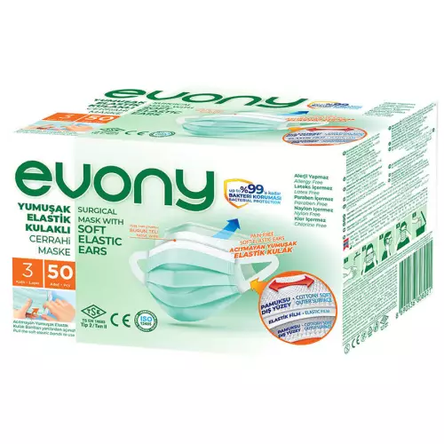 Evony 3 Katlı Yumuşak Elastik Kulaklıklı Cerrahi Maske 50'li Paket