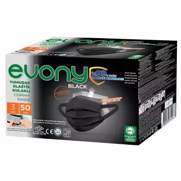 Evony 3 Katlı Yumuşak Elastik Kulaklıklı Cerrahi Maske 50'li Paket Siyah