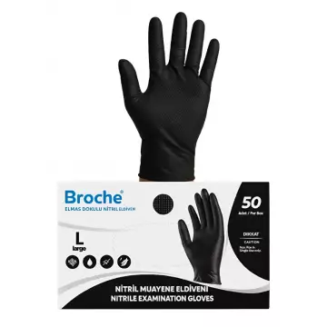 Broche Elmas Dokulu Nitril Tırtıklı Eldiven Pudrasız Siyah 50'li Paket
