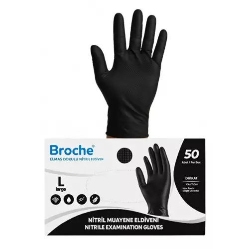 Broche Elmas Dokulu Nitril Tırtıklı Eldiven Pudrasız Siyah 50'li Paket