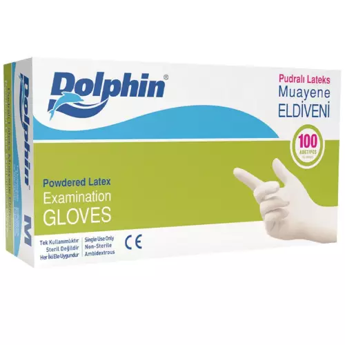 Dolphin Pudralı Latex Beyaz Eldiven 100'lü Paket