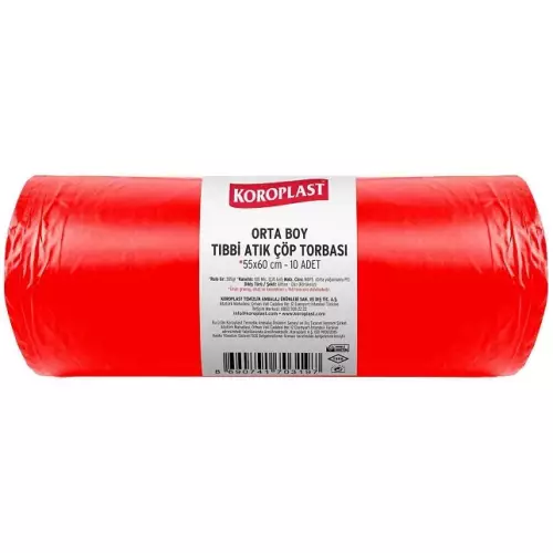Koroplast Tıbbi Atık Torbası 355 gr - 100 Micron Orta Boy Kırmızı 55x60