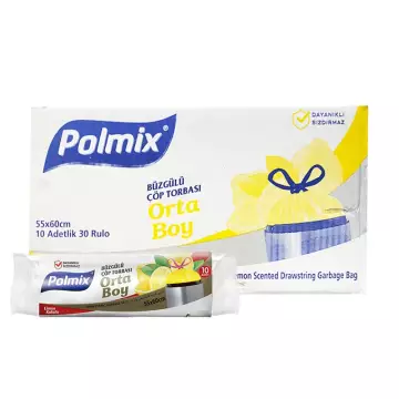 Polmix P139 Çöp Torbası Büzgülü Orta Boy Limon Kokulu 55x60 Sarı 10'lu - 30 Rulo Koli